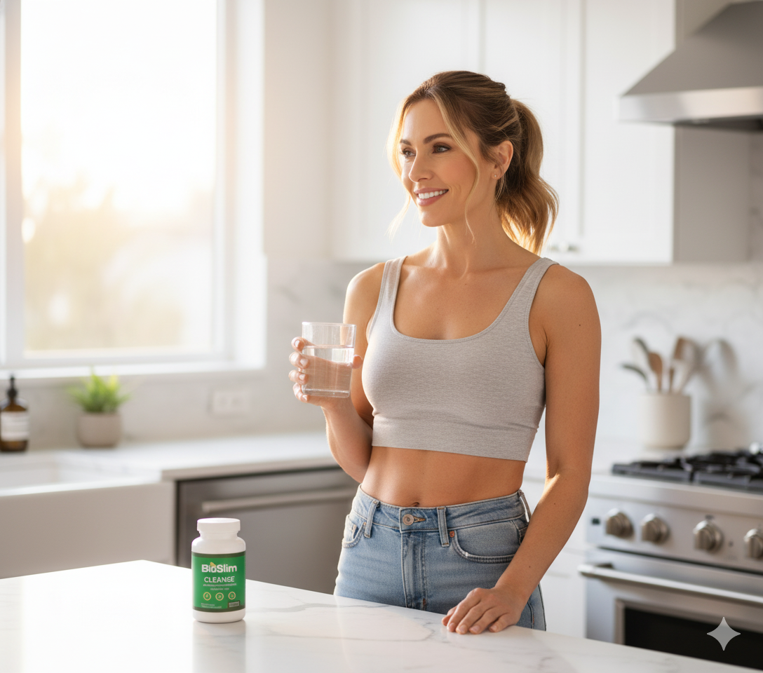 Woman taking BioSlim Cleanse - Goodbye Bloat, Hello Confidence